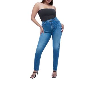 Jeans de corte de bota extragrandes sexys de cintura alta, ajustados, azul medio, lavados, estilo Mummy, de fábrica china a medida - Product Image 2