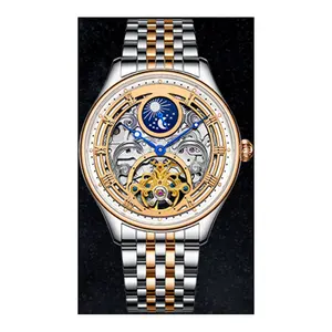 Custom Stainless Steel Solid Band All Skeleton 24 Hour Show Men Automatic Mechanical Watches