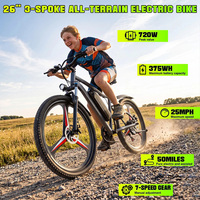 Vélo de montagne électrique 720W de puissance maximale, batterie amovible 375Wh, 25 MPH, autonomie de 50 miles, 26 pouces, 3 roues, vélo électrique, stock USA