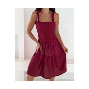 Women's Burgundy Summer <b>Dress</b> <b>Elastic</b> Straps Viscose Fabric 100 Cm Length Club Wear - Product Image 2