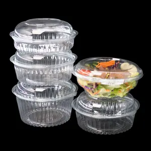 Kotak kemasan plastik bening, wadah makanan salad bulat mangkuk plastik dengan tutup rPET kustom pabrik dapat didaur ulang