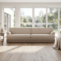 Canapé de luxe à dossier haut avec pompons, canapé droit en tissu de designer moderne, canapé 3 places style rétro déco pour villa, manoir, sièges d'appoint.