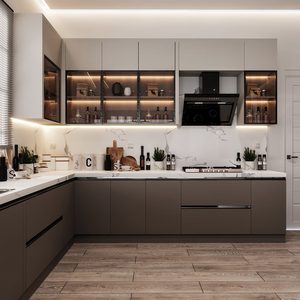 Ensemble complet sur mesure de meubles de <span class=keywords><strong>cuisine</strong></span> <span class=keywords><strong>en</strong></span> L bicolores crème clair avec éclairage LED sous-armoire et meuble à verres à vin autoportant - Product Image 2