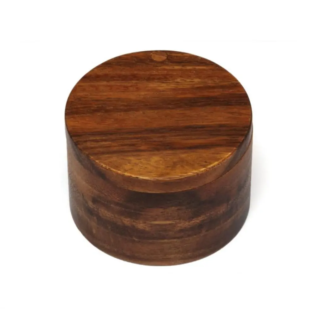 Kitchen Desktop Storage Box Round Acacia Wood Salt Box Wooden Spice Box with Swivel Cover