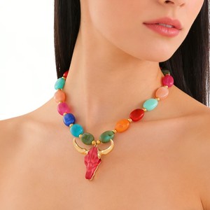 Kalung manik-manik resin bohemian berlapis emas warna-warni dengan liontin kepala banteng berbentuk hewan untuk hadiah ulang tahun pesta wanita N662 - Product Image 1