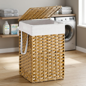 Panier de rangement rectangulaire en jacinthe d'eau naturelle avec couvercle et poignée pour l'organisation du linge, style rustique - Product Image 4