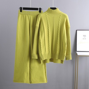 Demi pull à col roulé pull torsadé solide haut tricoté à la main et <span class=keywords><strong>pantalon</strong></span> à jambes larges salon 2 pièces ensemble pour femmes pull ample costume - Product Image 4