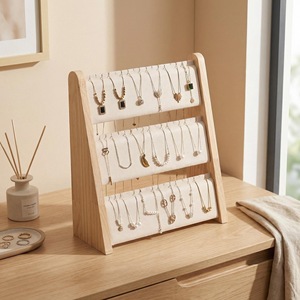 Solid Wood Three Layer Velvet Jewelry Display Rack For Necklace Desktop Storage European Style 31x34x13cm - Product Image 1
