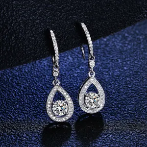 WaterDrop Hook 925 perak murni Moissanite Chic bulat potongan anting kancing perhiasan berlapis Rhodium untuk wanita hadiah pribadi