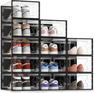 Clear Rectangle Plastic Foldable Lacquer Shoe <b>Box</b> 12 Pack Stackable Shoe <b>Storage</b> Organizer Container Cubes for Sneakers - Product Image 1