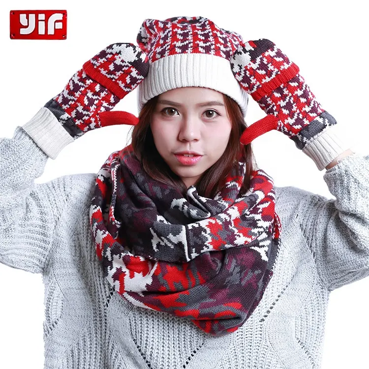 Écharpes d'extérieur à écran tactile d'hiver en gros, écharpe en tricot épais résistant aux intempéries, ensemble de gants, ensemble tricoté, bonnet et écharpes