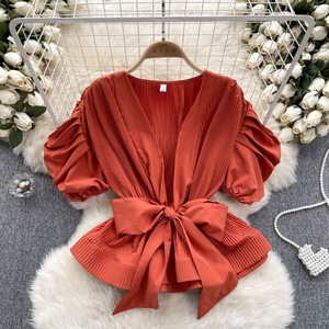 For Fashion Women's Pleated Bubble Sleeve <b>Blouse</b> Bowknot Waisted Ruffle Hem Top Casual Style With Solid Pattern for Summer - Product Image 3