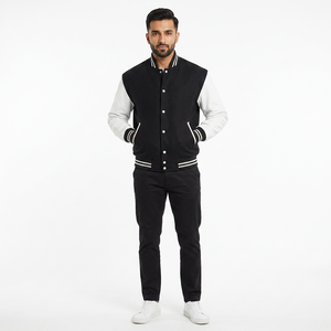 <b>Mens</b> Varsity <b>Jacket</b> Black <b>White</b> Classic Baseball Style Stand Collar Contrast Sleeves Warm Comfortable Casual Outerwear - Product Image 1