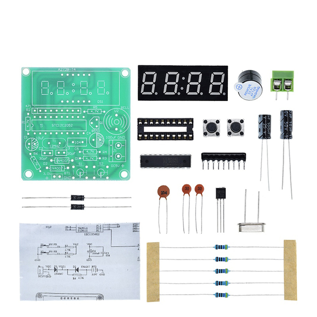 TZT STC12C2052AD Digital LED Display 4 Bits Electronic Clock Electronic Production Suite DIY Kit 0.56 Inch Red Two Alarm