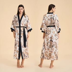 روب نوم نسائي بنمط أوروبي أمريكي مع طباعة زهور، روب استحمام من الساتان والشيفون، روب طويل مريح للارتداء في المنزل - Product Image 2