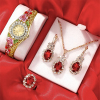 Set jam tangan berlian wanita, Set perhiasan arloji bunga kristal kasual cincin kalung