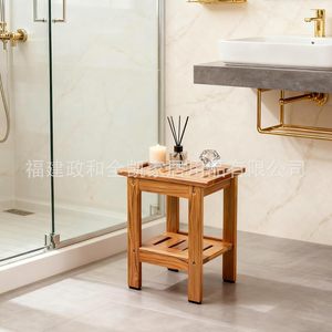 Taburete de ducha Ruoyi de teca 25.4x35.1x37.6 cm con estante y asas para uso en el baño - Product Image 4
