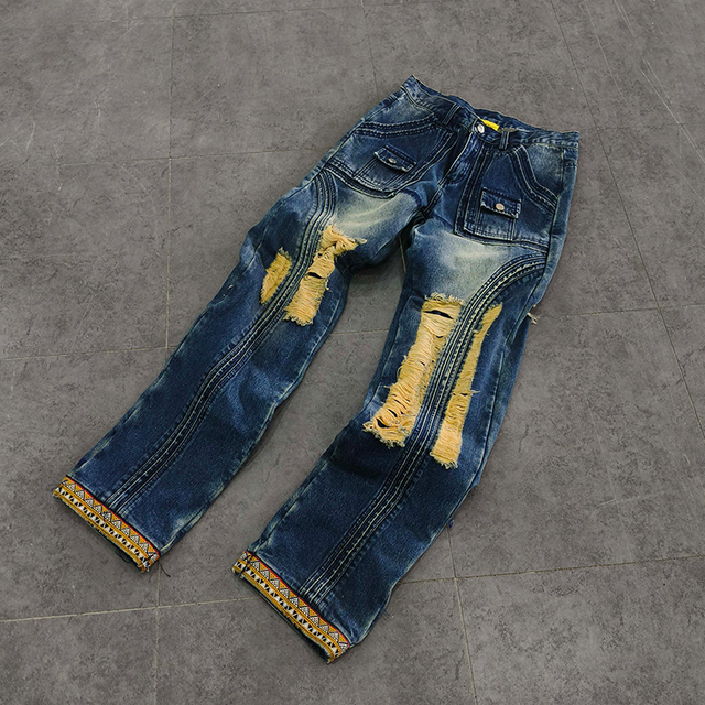 Custom Streetwear High Quality Distressed Denim Jean Acid Wash Distressed Assembling Patchwork Slim Fit Jeans