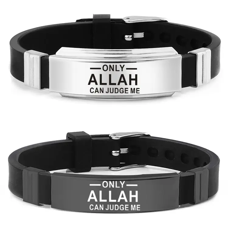 Wholesale ONLT ALLAH CAN JUDGE ME muslim theme silicone bracelet black stainless steel DIY logo bangle