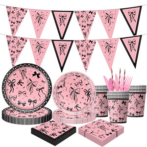 Vajilla Rosa y Negra con Lazo, Decoración Coqueta para Cumpleaños, Platos Desechables para Niñas, Baby Shower, Despedida <span class=keywords><strong>de</strong></span> Soltera - Product Image 1