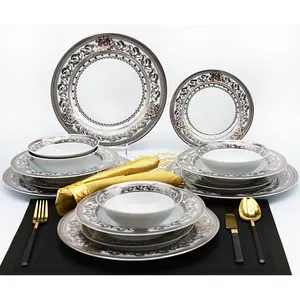 Bone China platinum decoration design tableware porcelain Dinner Soup Plate Gold Rim Dishes and bowl Set