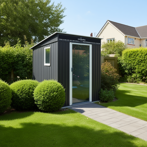 Caseta de almacenamiento metálica para exteriores de 6 pies x 5 pies con ventana, caseta de jardín de acero galvanizado para almacenamiento en césped y patio, en blanco y negro - Product Image 2