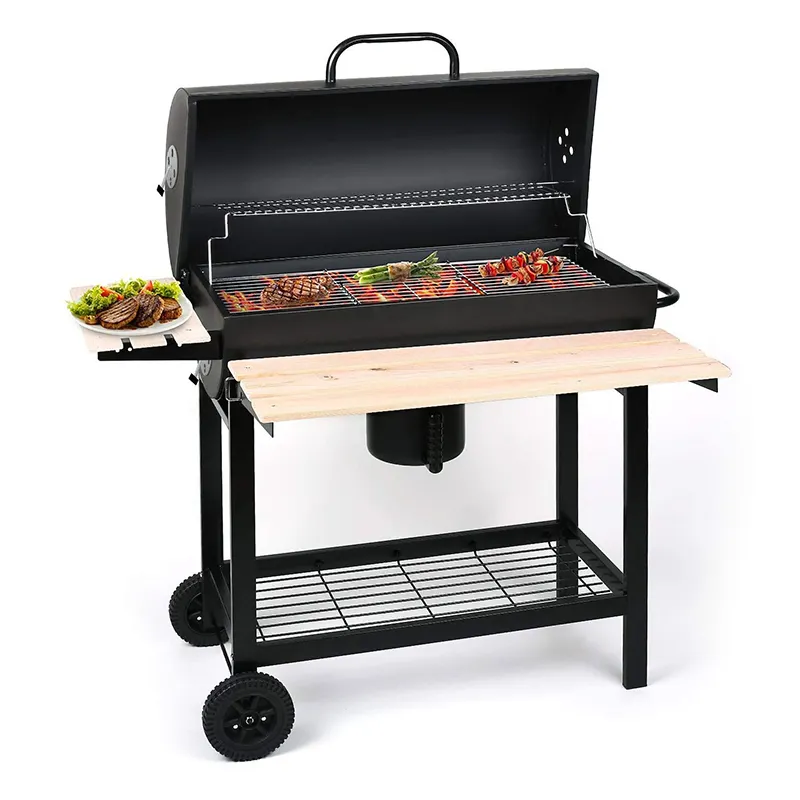 F28 Outdoor Barbecue Trolley Smoker Big Oil Drum Grill Barrel Bbq Charcoal Grill With Folding Side and Front Table