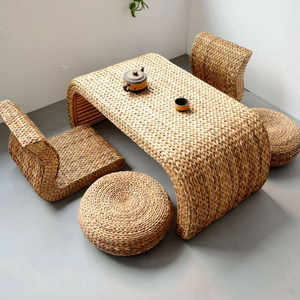 5-Piece Natural Water Hyacinth Furniture Set Woven Coffee Table with Tatami Floor Chairs and Round <b>Poufs</b> for Living Room - Product Image 1