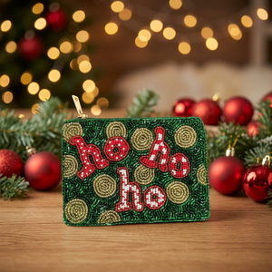 Pochette à monnaie carrée en coton perlé Joyeux Noël, verte et rouge, brodée Ho Ho Ho, avec fermeture éclair, accessoire de mode pour mariage - Product Image 3