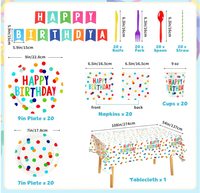 Assiettes, gobelets, serviettes, nappes, couverts, vaisselle, bannière de fond suspendue, toppers en nid d'abeille et fournitures pour fête d'anniversaire arc-en-ciel