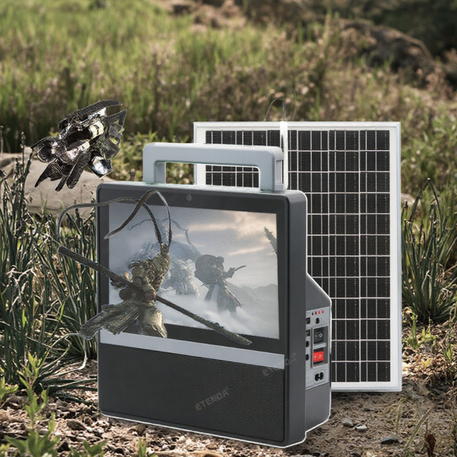 10-Inch Solar TV with Lead Acid Battery, Dual Remote Bulbs, and Complete Accessory Set for Camping or Emergency Use