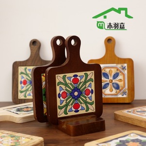 Posavasos de Madera y Cerámica con Asas, Aislantes del Calor, Forma Rectangular, Diseño Floral, Manteles Individuales de Madera Maciza para Mesa de Comedor - Product Image 1