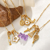Collier DIY multi-breloques en acier inoxydable plaqué or 18 carats avec pendentifs ours, voilier, badminton, bijoux empilables