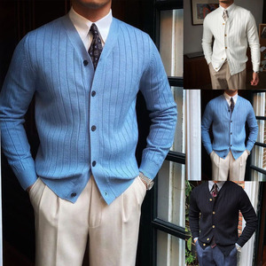 Cardigan Lavorato a <span class=keywords><strong>Maglia</strong></span> a Maniche Lunghe da Uomo per Autunno Inverno, Casual con Scollo a V e Bottoni, Tinta Unita - Product Image 1