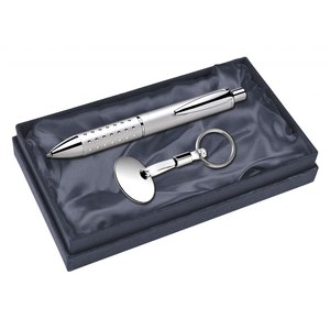Elegante Set Penna e Portachiavi in Metallo Argentato, Regalo Aziendale Premium, Strumento di Scrittura con Anello Portachiavi per Ufficio - Product Image 1