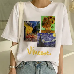 18 Desain Kaus Poliester Berbintang Bunga Matahari Lengan Pendek untuk Wanita T Shirt Lukisan Abstrak Van Gogh