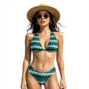 Women's Green Stripe Halter Bikini Set Quick Dry women's halter bikini swimwear bikini swimsuit breathable bikini set - Product Image 5