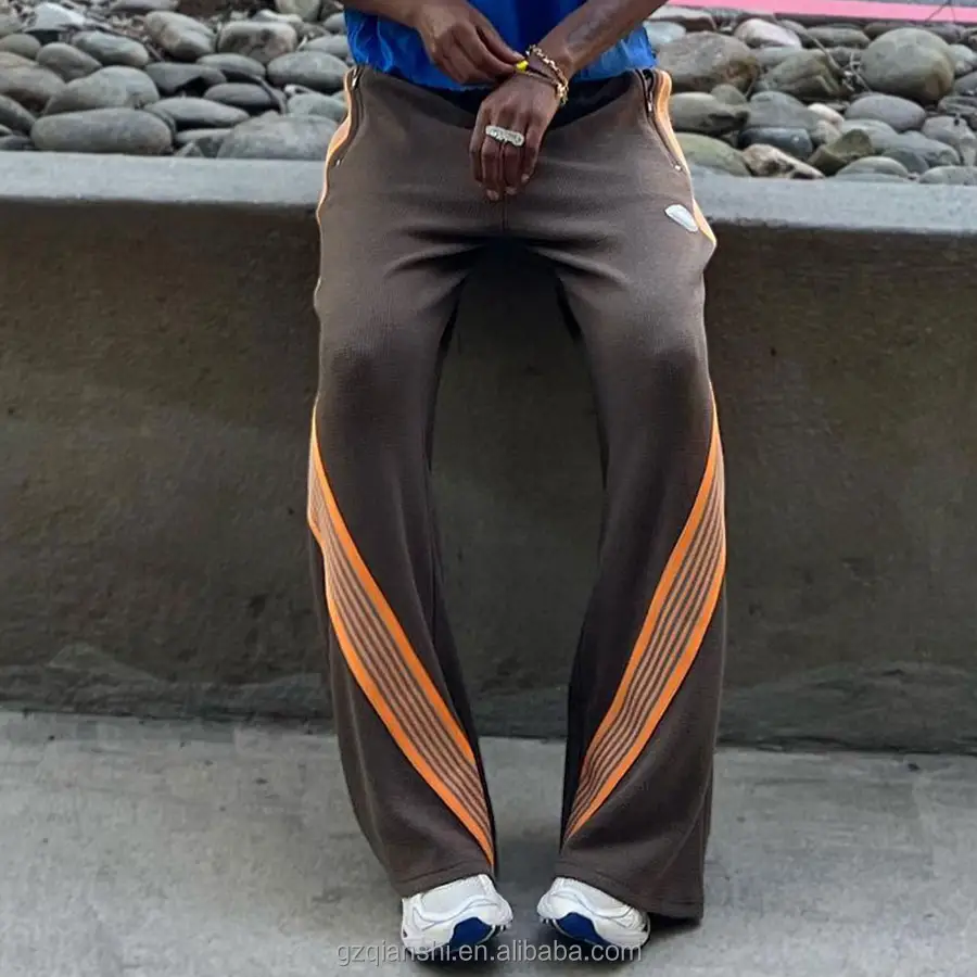 Qianshi benutzer definierte Streetwear Hose mit weitem Bein Mit Streifen Farbe Jogger Jogging hose gestapelt gerade Reiß verschluss unten Flare Trainings hose Männer