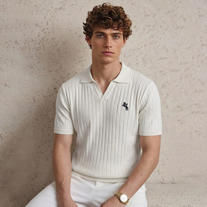 Nuova Camicia da Golf da <span class=keywords><strong>Uomo</strong></span> alla Moda con Blocchi di Colore, Scollo a V, Tessuto Jacquard Elastico, Vestibilità Slim, Manica Corta, <span class=keywords><strong>Polo</strong></span> in Maglia - Product Image 1