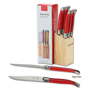Ensemble de couteaux à steak <span class=keywords><strong>Laguiole</strong></span> 6 pièces en acier inoxydable de style design moderne avec manche en ABS à bord dentelé dans un support en bois - Product Image 4