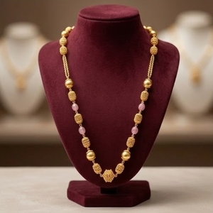 Antique 925 Silver Mala <b>Necklace</b> with Pink and Gold Beads Long Chain Mala <b>Statement</b> Jewelry for Women Wedding and Party Wear - Product Image 5