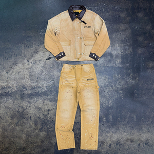 Fabricant de vestes et pantalons en jean avec fermoirs mousquetons, effet éclaboussures d'encre personnalisées et délavé à l'acide, style pompier - Product Image 1