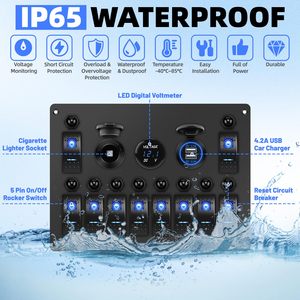 Pannello Interruttori a Bilanciere Marino a 10 Vie con USB, Voltmetro, <span class=keywords><strong>Presa</strong></span> Accendisigari <span class=keywords><strong>12V</strong></span> 24V, Impermeabile, per Barca, con Interruttore Principale e Interruttore Automatico - Product Image 2