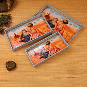 Bandeja de Servir de Madera Artesanal con Estampado Rajastaní, Bandeja Tradicional Étnica para Té y Café, para Decoración del Hogar y Regalos - Product Image 3