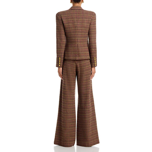 Completo da Donna <span class=keywords><strong>Marrone</strong></span> a Pied-de-Poule, Blazer <span class=keywords><strong>Doppiopetto</strong></span> con Bottoni Dorati e Pantaloni a Gamba Larga, Tailleur Elegante da Ufficio - Product Image 2
