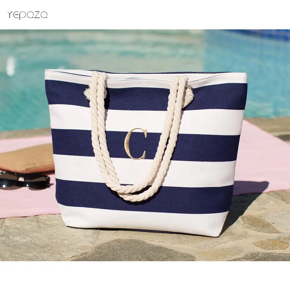 Promotional factory price handmade custom logo embroidery blue stripes cotton canvas fabric beach tote bags with rope handles