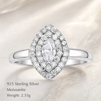 Bague Marquise pour Femme, Délicate, Double Halo, Moissanites, Plaqué Platine, Argent Sterling S925, Sertissage à la Cire, Hypoallergénique, Idéale pour les Fêtes