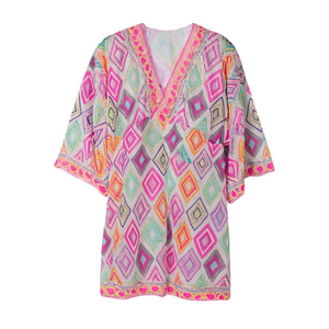 Camisa de playa de manga corta con estampado de diamantes, 88x54 cm, cuello en V, top de baño tipo pareo - Product Image 2