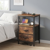 Table de chevet industrielle style ferme avec ports de charge USB, 2 tiroirs, en bois brun rustique et structure en métal noir, vente en gros