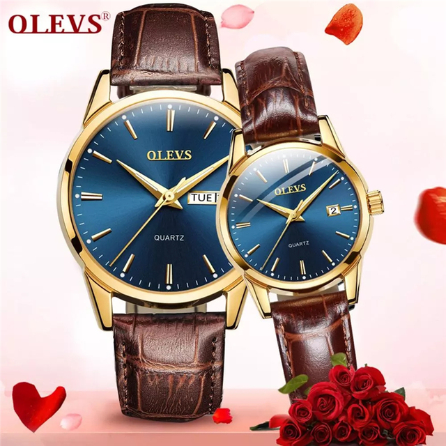 Olevs 6898L Couple Watch Top Brand Fashion Fashion Business Breathable Leather Luminous Hand Quartz Watch Men Gift
